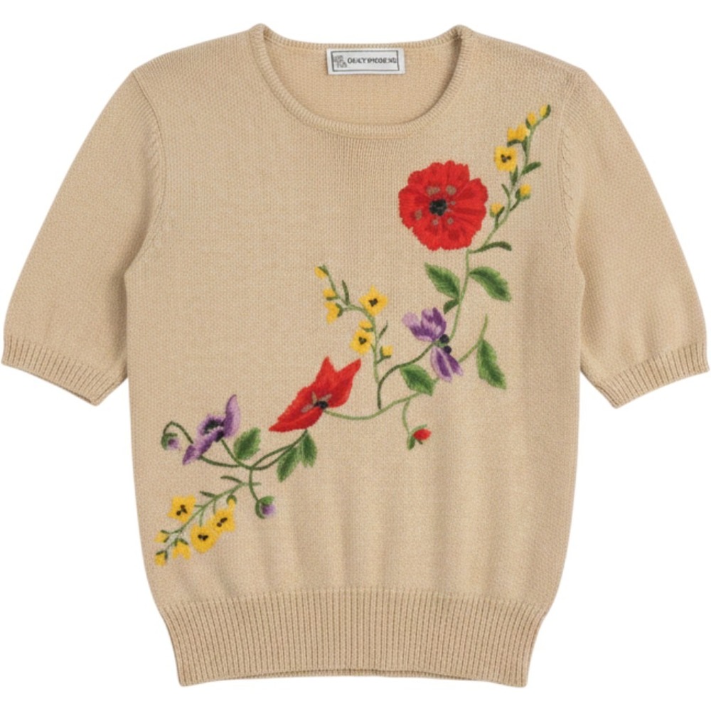 Vintage Evan-Picone Womens Beige Floral Embroidered Short Sleeve Sweater Size S